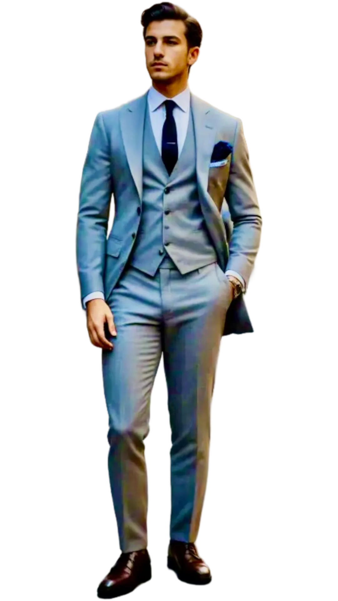 The image features a well-dressed man in a stylish and sophisticated gray suit. The suit is tailored to perfection, consisting of a single-breasted jacket, a matching waistcoat, and slim-fit trousers. The jacket has a classic notched lapel, and the waistcoat adds an extra layer of elegance to the ensemble.