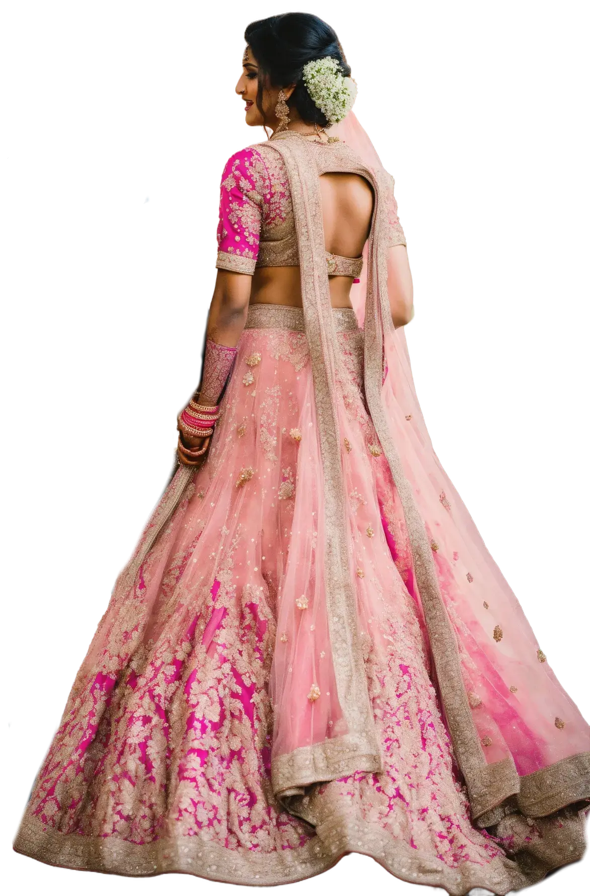 A woman is wearing a stunning traditional Indian bridal outfit in shades of pink and gold. The outfit consists of a heavily embroidered lehenga (skirt) and a matching choli (blouse). The lehenga features intricate gold floral embroidery and embellishments, with a mix of sheer and solid fabric that gives it a luxurious and elegant look. The choli has short sleeves and a deep back design, adorned with matching embroidery. She also wears a dupatta (scarf) draped over her shoulders and arms, adding to the overall elegance of the ensemble. Her hair is styled in an updo, decorated with white flowers, and she is accessorized with traditional jewelry, including earrings and bangles. The woman's pose is graceful, showcasing the back of her outfit and the beautiful detailing