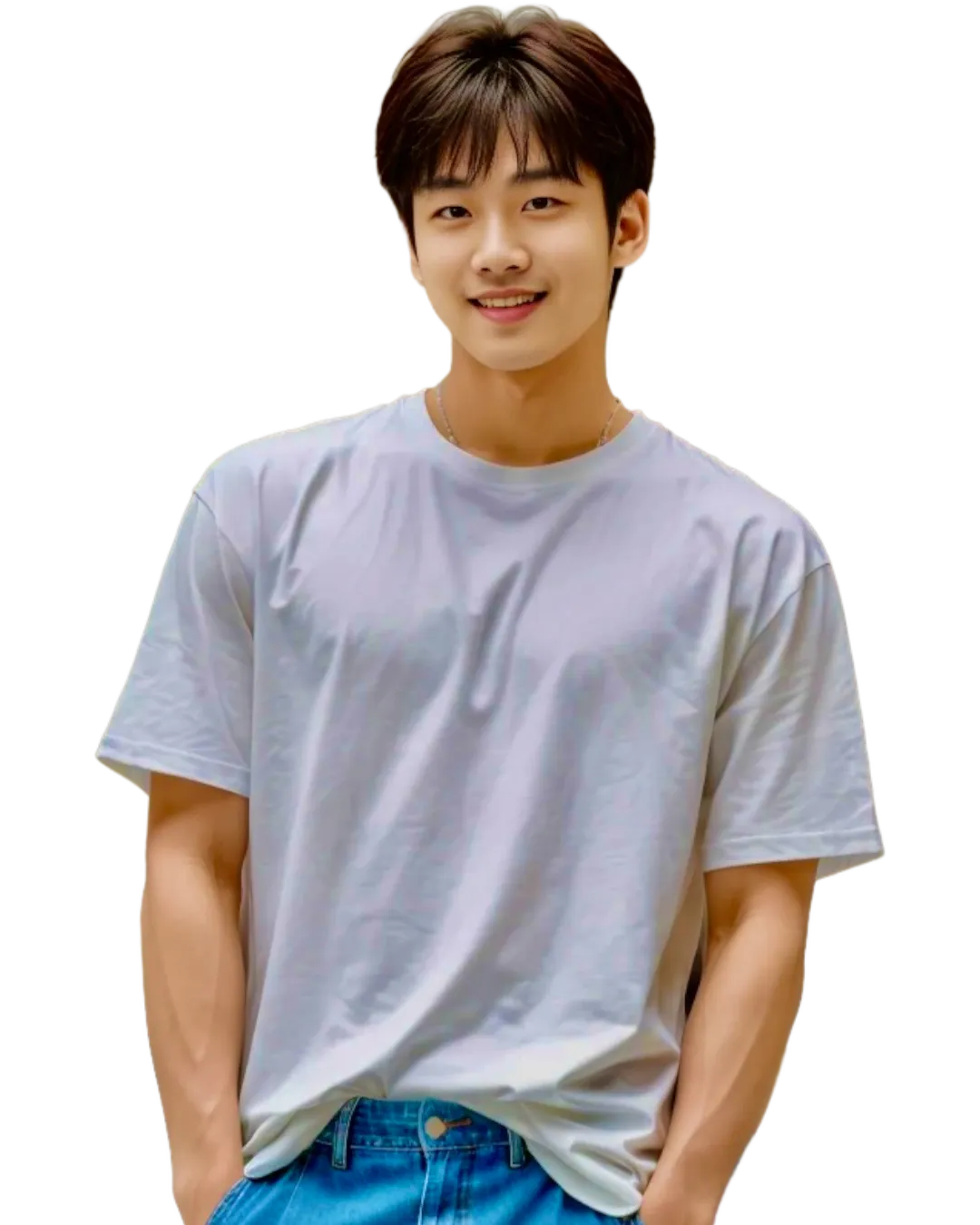 The image features a young man wearing a casual light gray t-shirt. The t-shirt has a simple and classic design with a crew neckline and short sleeves. The fit is relaxed, offering a comfortable and laid-back look.