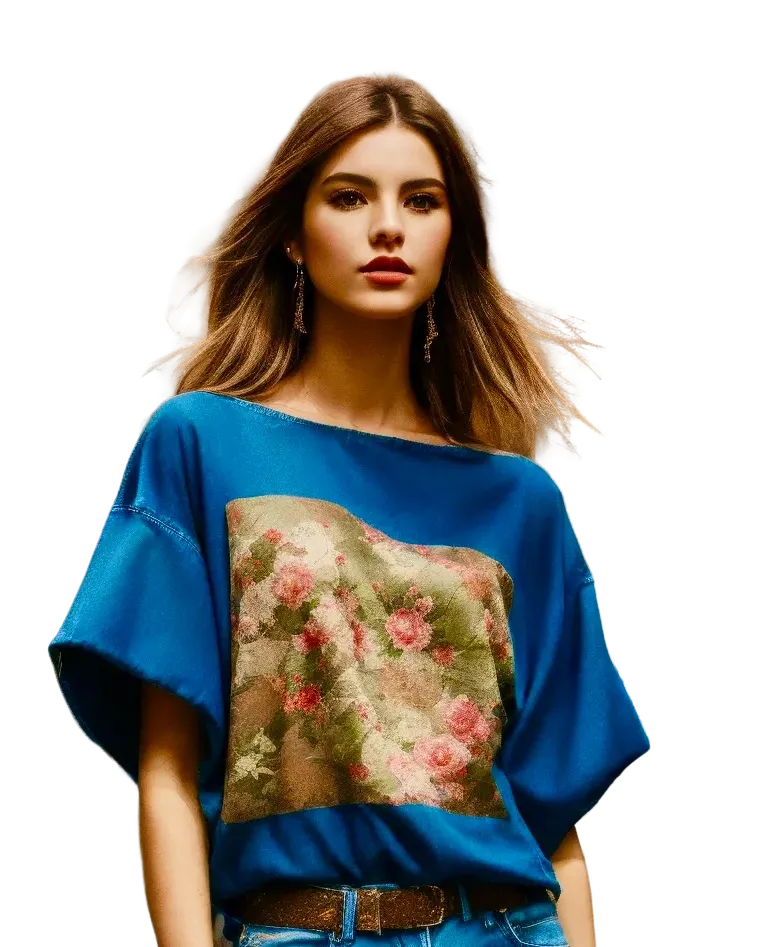 The image features a young woman wearing a stylish blue top with an artistic floral design on the front. The top has a loose, relaxed fit with wide sleeves and a boat neckline, adding to its casual yet fashionable appearance. She pairs the top with blue jeans and a brown belt, completing a chic and effortless look. Her hair is styled in soft waves, framing her face beautifully. She wears delicate earrings, adding a touch of elegance to her outfit. The overall look is trendy and modern, perfect for a casual day out or a relaxed social gathering.